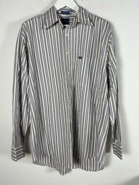 Faconnable Mens Striped Button-Down Shirt Large White Blue Cotton Long Sleeve